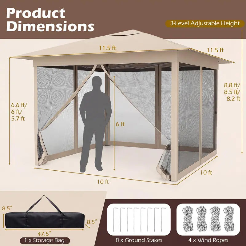 11.5¡ä x 11.5¡ä Pop-Up Gazebo Canopy Tent with Mesh Netting and One-Person Setup