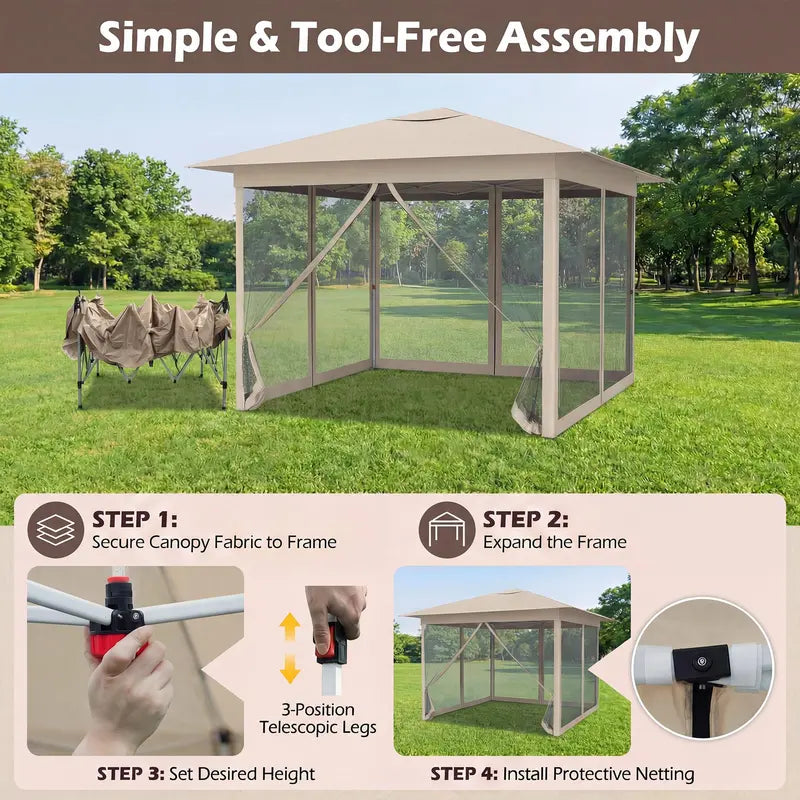 11.5¡ä x 11.5¡ä Pop-Up Gazebo Canopy Tent with Mesh Netting and One-Person Setup