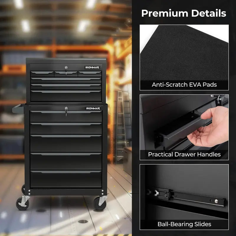 11-Drawer Heavy-Duty Rolling Tool Cabinet ¨C Central Keyed Lock System &amp; Integrated Hanging Storage