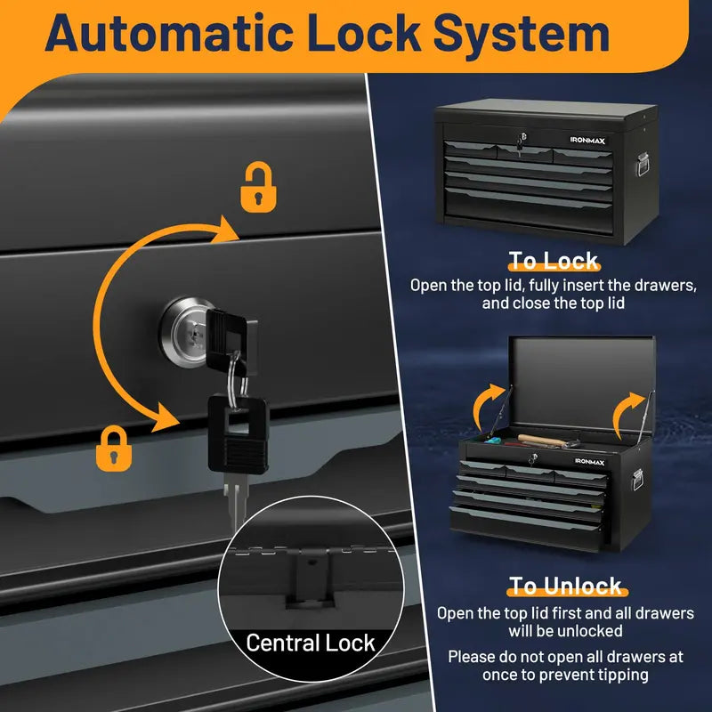 11-Drawer Heavy-Duty Rolling Tool Cabinet ¨C Central Keyed Lock System &amp; Integrated Hanging Storage