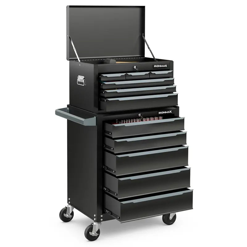 11-Drawer Heavy-Duty Rolling Tool Cabinet ¨C Central Keyed Lock System &amp; Integrated Hanging Storage