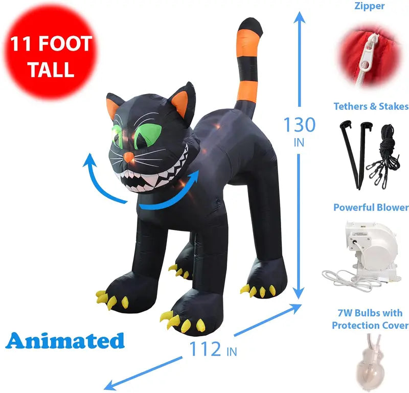 11-Foot Animated Halloween Inflatable Black Cat ¨C Outdoor Decor with Motion Effects