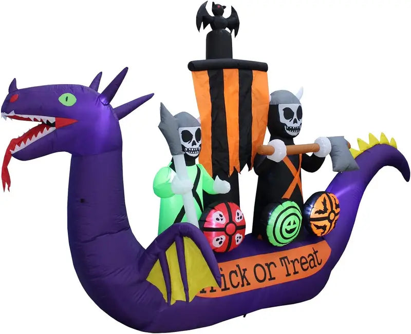 11-Foot Inflatable Halloween Scene: Dragon-Pirate Ship Skeleton Combo with Animated Effects