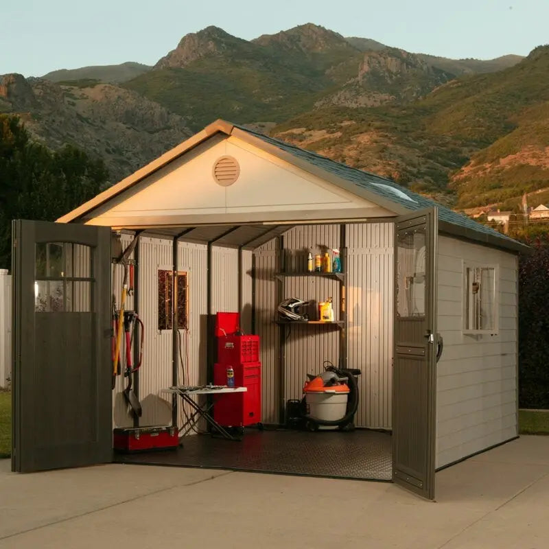 11 ft. W ¡Á 11 ft. D Spacious Plastic Storage Shed ¨C Durable Resin Construction. Ventilated Design