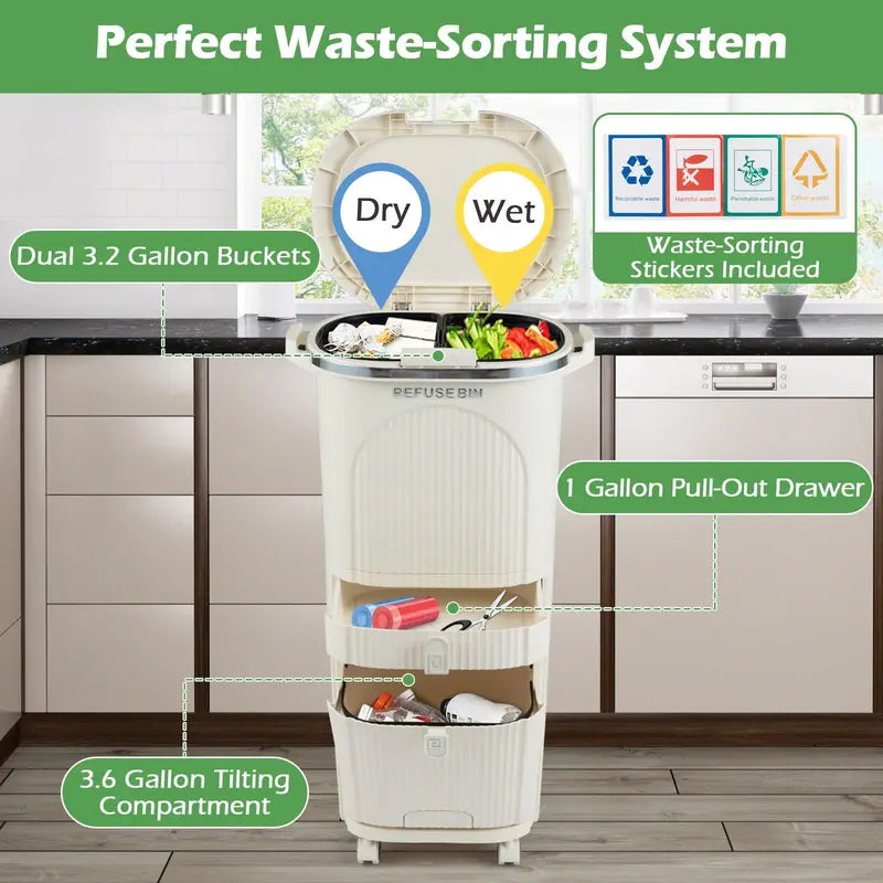 11-Gallon Kitchen Trash Can ¨C Triple-Layer Design with Lid and Two Detachable Buckets
