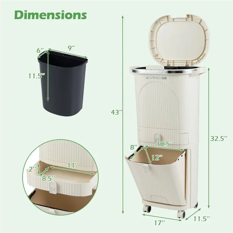 11-Gallon Kitchen Trash Can ¨C Triple-Layer Design with Lid and Two Detachable Buckets