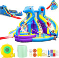 11-in-1 Inflatable Water Play Center ¨C Extra-Large Dolphin-Themed Bounce House with Dual Slides. Climbing Wall. Pool &amp; Water Cannon (550W Blower Included)