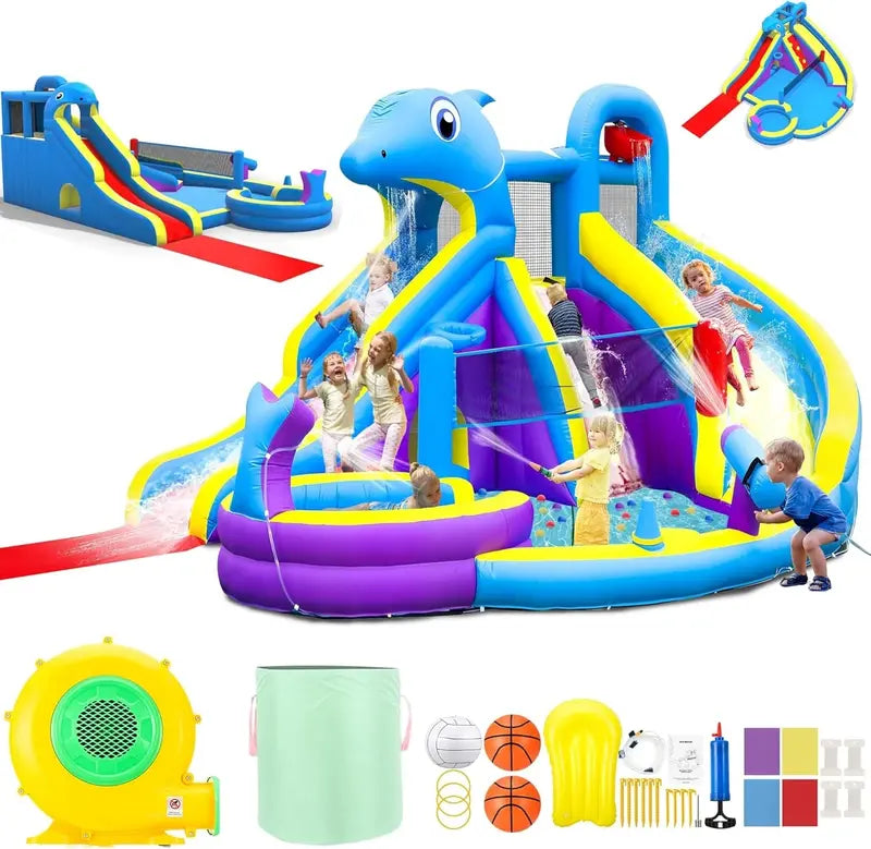 11-in-1 Inflatable Water Play Center ¨C Extra-Large Dolphin-Themed Bounce House with Dual Slides. Climbing Wall. Pool &amp; Water Cannon (550W Blower Included)
