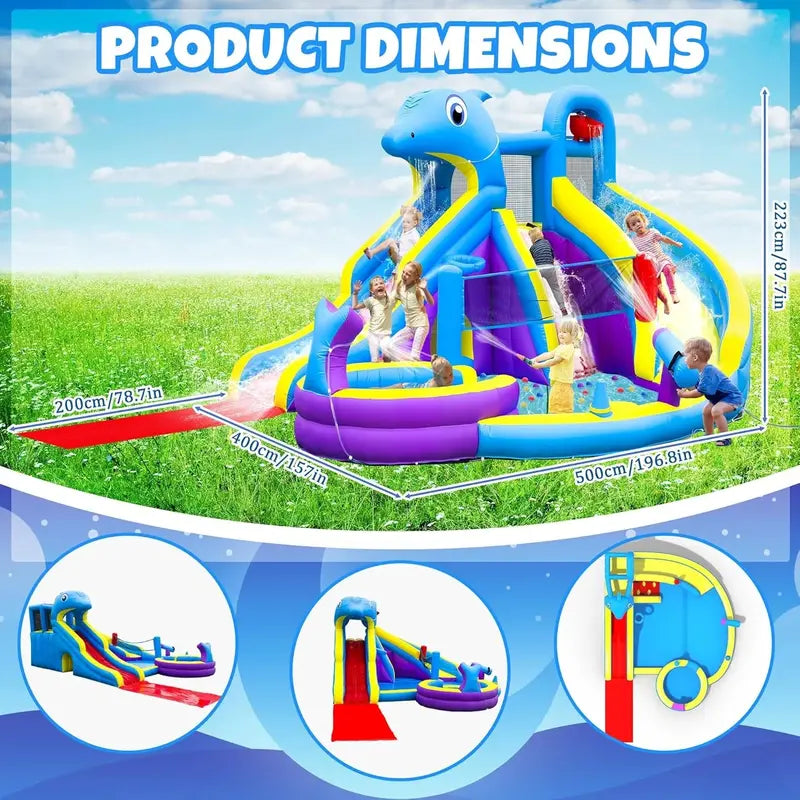 11-in-1 Inflatable Water Play Center ¨C Extra-Large Dolphin-Themed Bounce House with Dual Slides. Climbing Wall. Pool &amp; Water Cannon (550W Blower Included)