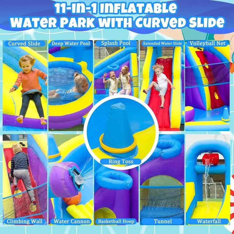 11-in-1 Inflatable Water Play Center ¨C Extra-Large Dolphin-Themed Bounce House with Dual Slides. Climbing Wall. Pool &amp; Water Cannon (550W Blower Included)