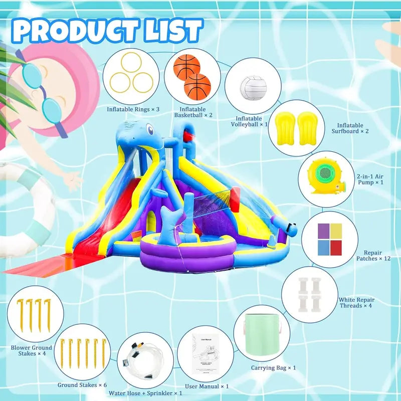 11-in-1 Inflatable Water Play Center ¨C Extra-Large Dolphin-Themed Bounce House with Dual Slides. Climbing Wall. Pool &amp; Water Cannon (550W Blower Included)