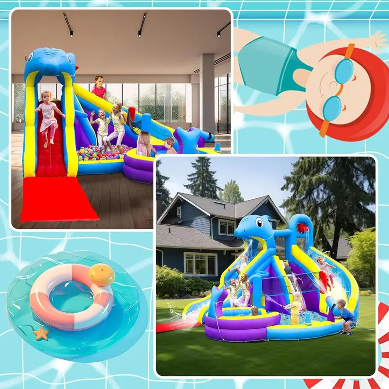 11-in-1 Inflatable Water Play Center ¨C Extra-Large Dolphin-Themed Bounce House with Dual Slides. Climbing Wall. Pool &amp; Water Cannon (550W Blower Included)