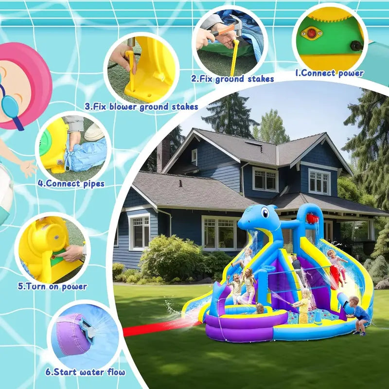11-in-1 Inflatable Water Play Center ¨C Extra-Large Dolphin-Themed Bounce House with Dual Slides. Climbing Wall. Pool &amp; Water Cannon (550W Blower Included)