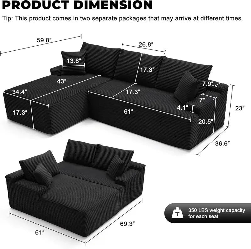 110-Inch Boneless Cloud Sofa: Ultra-Modular Living Room Lounge with Deep. Supportive Seating