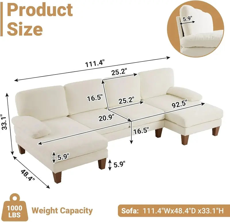 110-Inch U-Shaped Sectional Sofa ¨C Double-Chaise Chenille Living Room Set for Modern Homes (Beige)