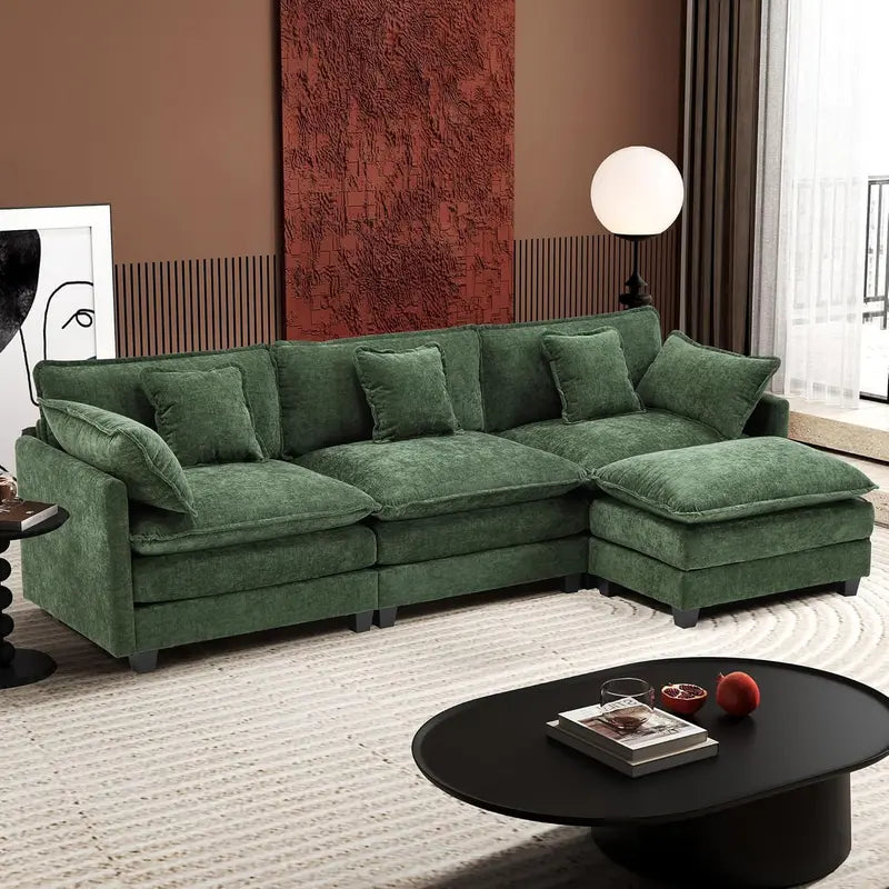 111.4-Inch L-Shaped Modular Cloud Sofa ¨C Chenille 4-Seater with Ottoman & Deep Seat Design