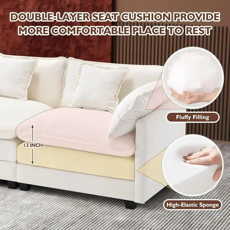 111.4-Inch L-Shaped Modular Cloud Sofa ¨C Chenille 4-Seater with Ottoman & Deep Seat Design