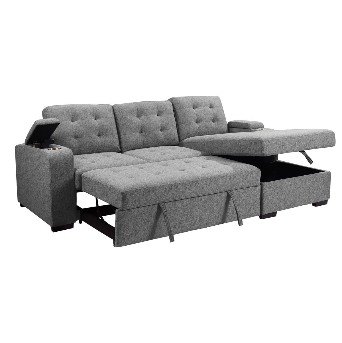 Benjara 120 Inch Sleeper Sectional Sofa Bed with Storage. Modern Tufted Gray Fabric