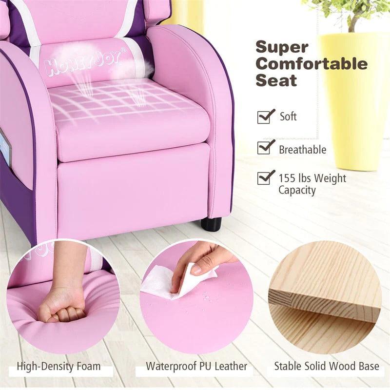 Kids Recliner Chair. Adjustable PU Leather Gaming Sofa with Footrest. Lumbar Support & Side Pockets. Ergonomic Children Lounge Armchair
