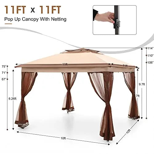11×11-Foot Instant Pop-Up Gazebo Canopy with Mosquito Netting and 121 Sq Ft Shade Area