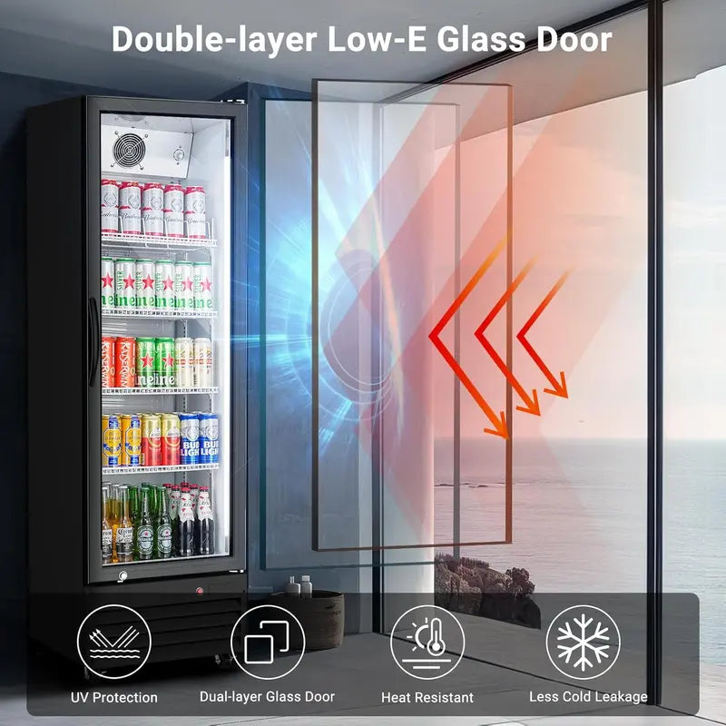 12.5 Cu. Ft. Commercial Glass-Door Beverage Refrigerator ¨C Upright Display Cooler with Soft LED Lighting for Bars. Caf¨¦s & Retail Spaces