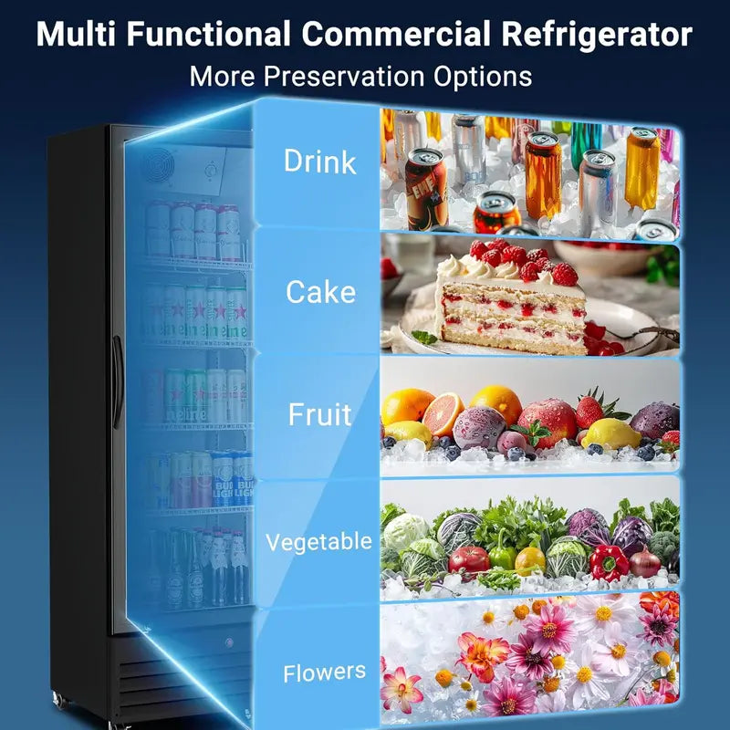 12.5 Cu. Ft. Commercial Glass-Door Beverage Refrigerator ¨C Upright Display Cooler with Soft LED Lighting for Bars. Caf¨¦s & Retail Spaces