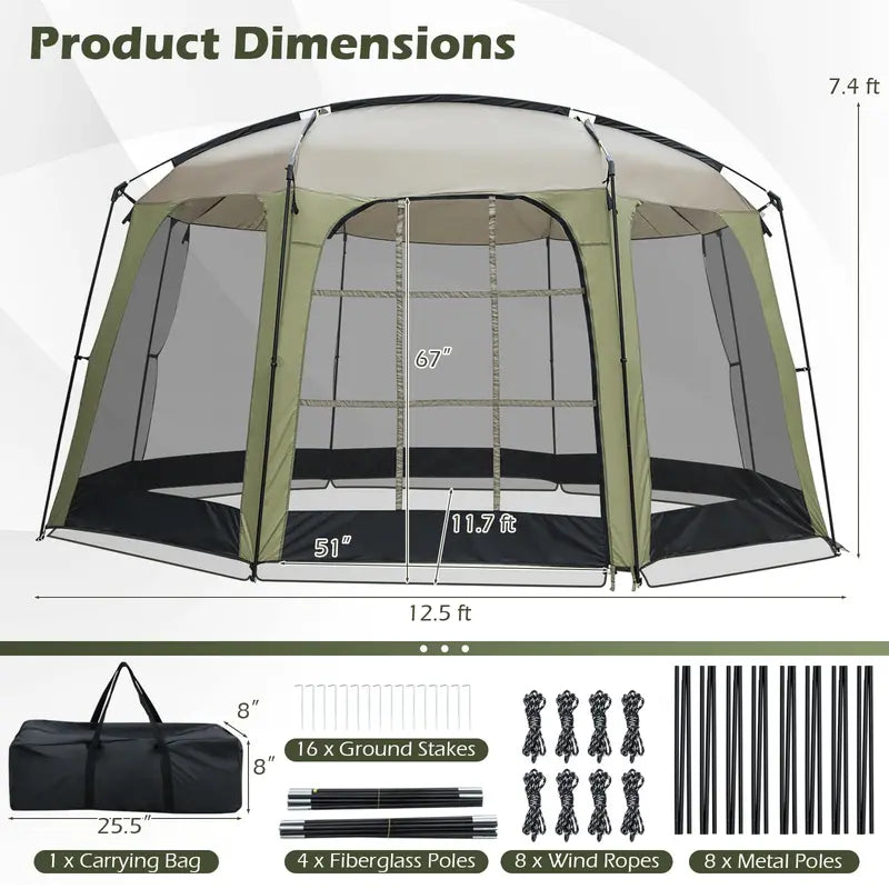 12.5′ x 11.7′ Mesh Screen Tent ¨C Zippered Entry. Ventilated Design. Includes Carry Bag