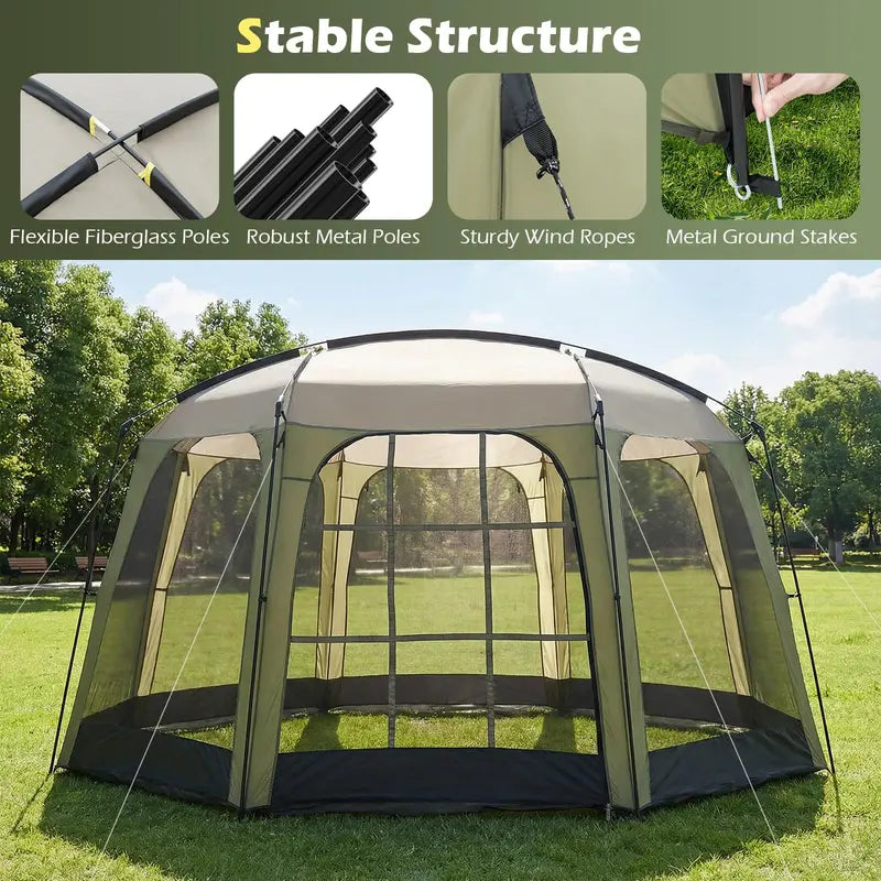 12.5′ x 11.7′ Mesh Screen Tent ¨C Zippered Entry. Ventilated Design. Includes Carry Bag