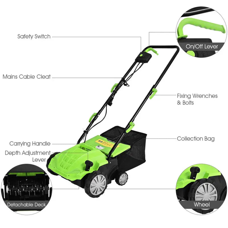 12-Amp 2-in-1 Electric Dethatcher &amp; Weeder with Three-Position Depth Control