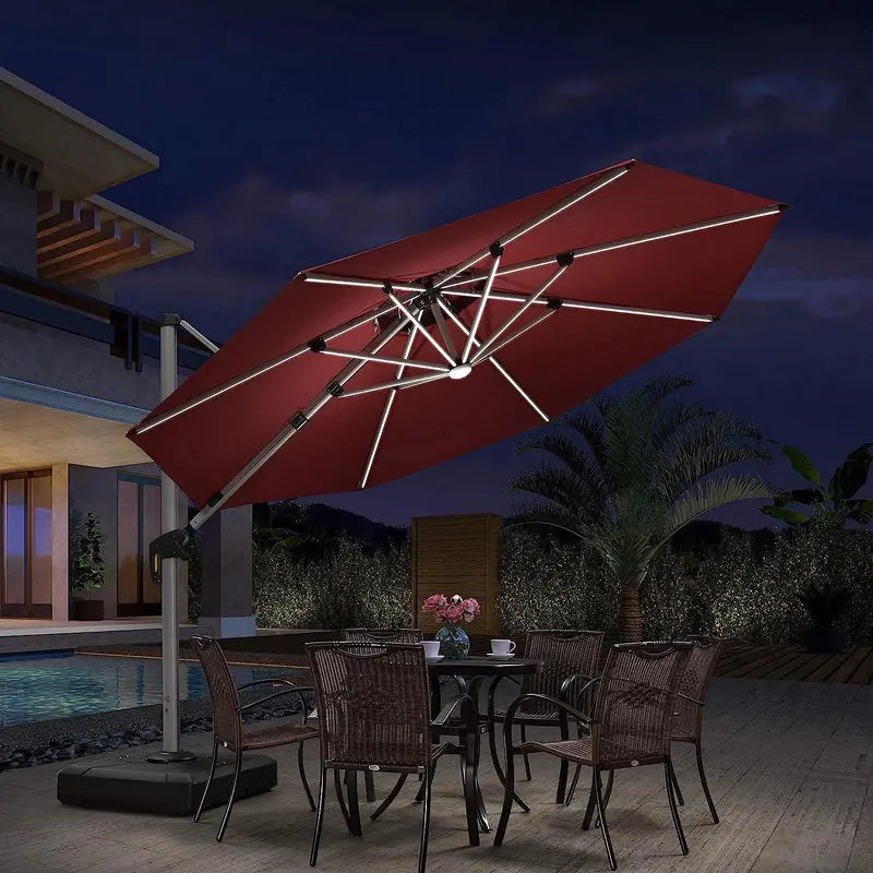 12-Foot Solar-Powered LED Cantilever Patio Umbrella ¨C Wind-Resistant Round Outdoor Parasol with Built-in Lights