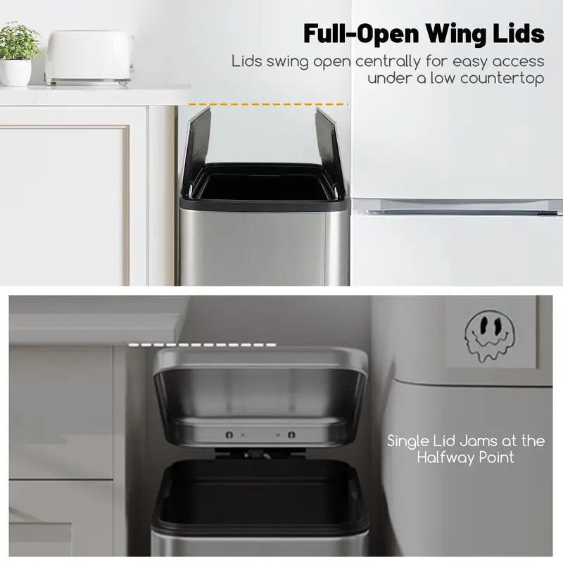 12-Gallon Kitchen Trash Bin with Soft-Close Wing Lids and Removable Inner Bucket