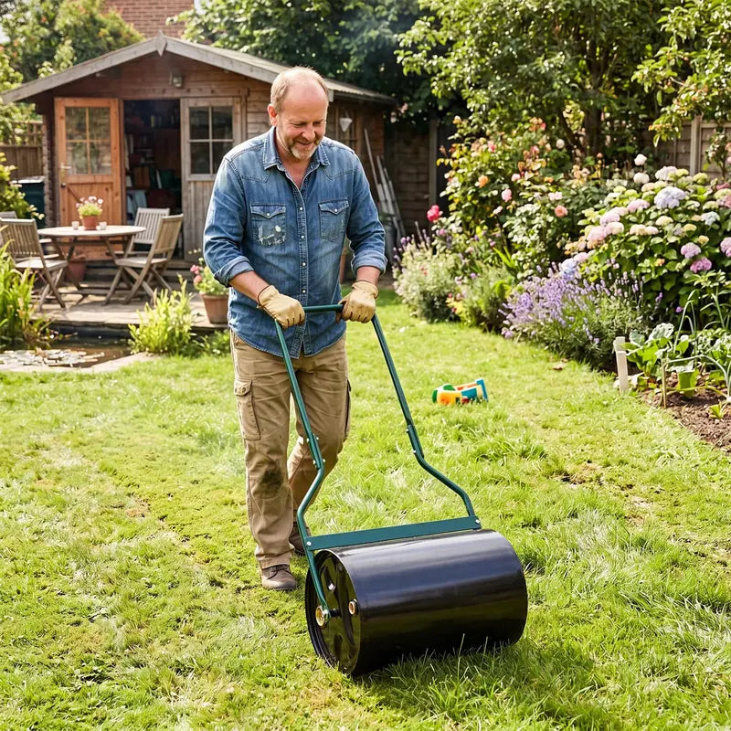 12-Gallon Lawn Roller ¨C Water- or Sand-Filled Drum with U-Handle for Smooth Soil Compaction