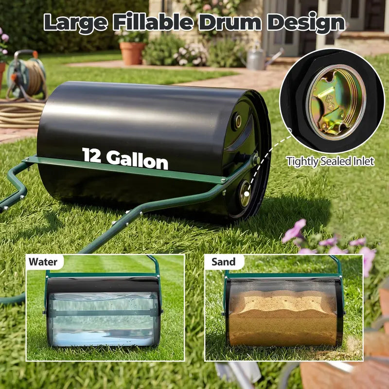 12-Gallon Lawn Roller ¨C Water- or Sand-Filled Drum with U-Handle for Smooth Soil Compaction