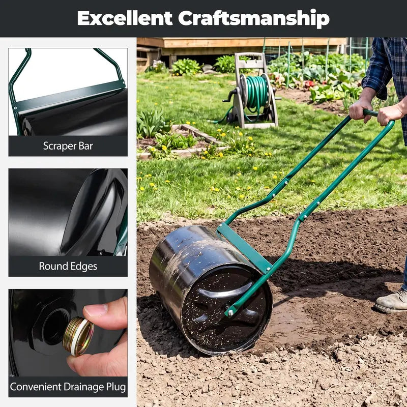 12-Gallon Lawn Roller ¨C Water- or Sand-Filled Drum with U-Handle for Smooth Soil Compaction