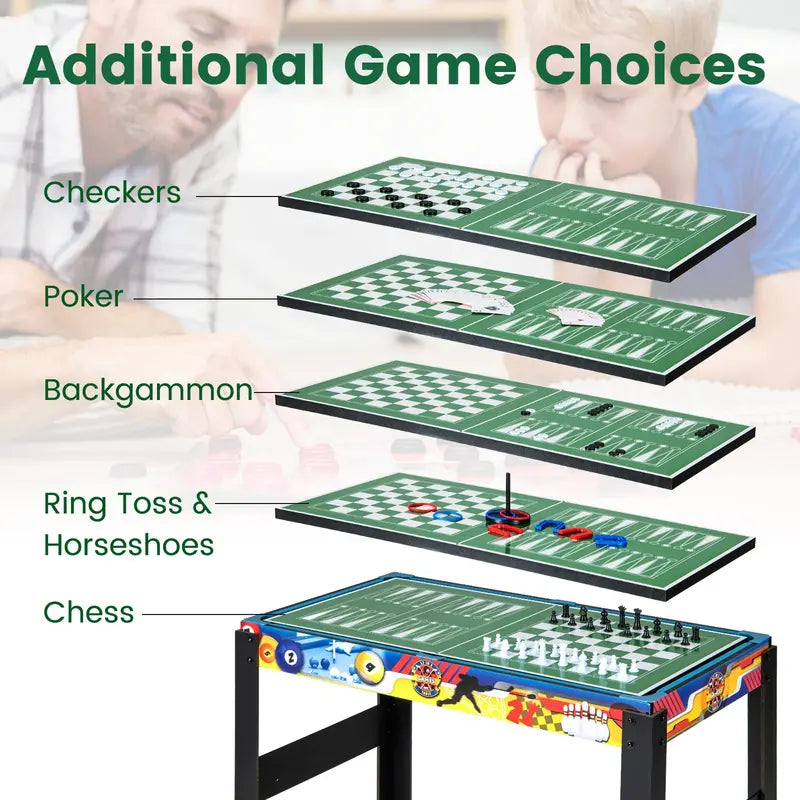 12-in-1 Multi-Sport Table: Foosball. Pool. Ping Pong. Air Hockey. Bowling. Shuffleboard. Chess. Checkers &amp; Backgammon