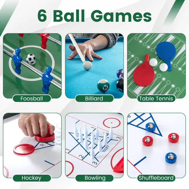 12-in-1 Multi-Sport Table: Foosball. Pool. Ping Pong. Air Hockey. Bowling. Shuffleboard. Chess. Checkers &amp; Backgammon