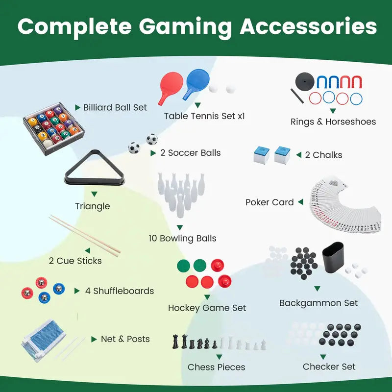 12-in-1 Multi-Sport Table: Foosball. Pool. Ping Pong. Air Hockey. Bowling. Shuffleboard. Chess. Checkers &amp; Backgammon