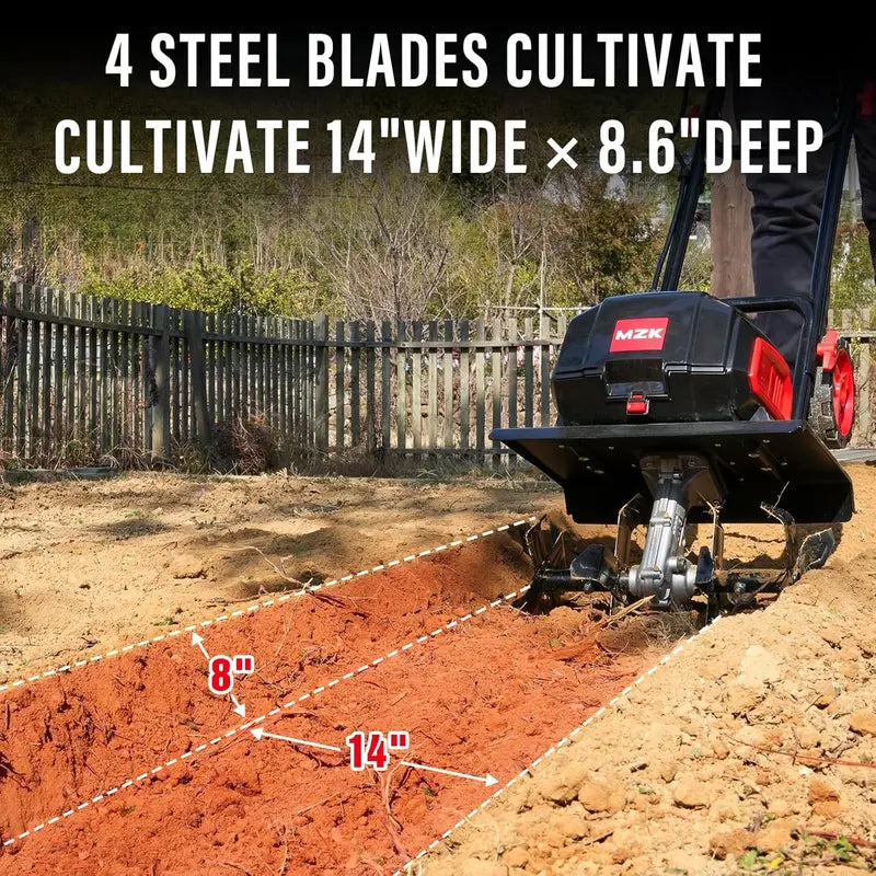 12-Inch Cordless Garden Tiller ¨C Battery-Powered Cultivator with 8.6″ Depth. Includes Two 4.0Ah Batteries &amp; Charger