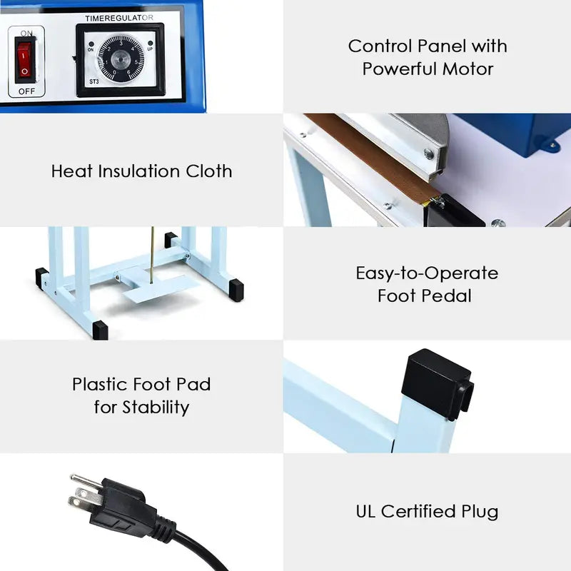 12-Inch Foot-Pedal Impulse Sealer ¨C 110V Heat-Sealing Machine with Built-in Cutter
