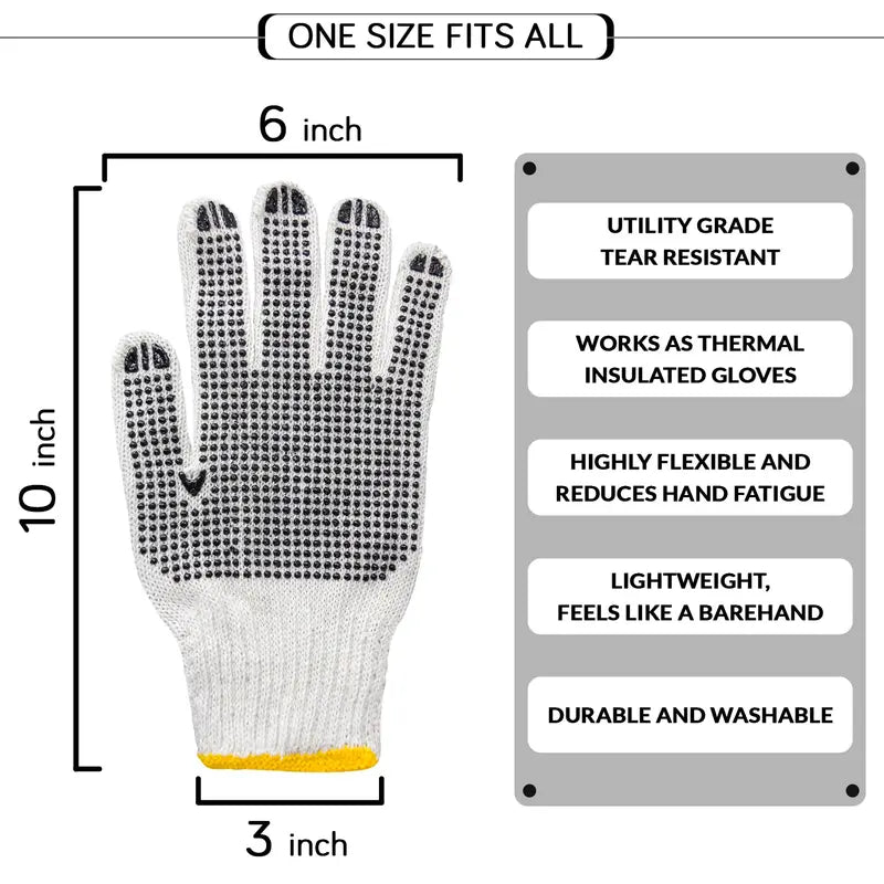 [12 Pairs] Black White Work Gloves - Dotted Safety Working Gloves. Firm Grip. Slip Resistant. Heavy Duty Cotton Knit for Men Women. Utility. Construction. Gardening. Fishing. Winter Indoor Outdoor Use