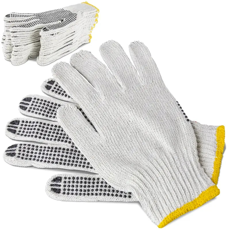 [12 Pairs] Black White Work Gloves - Dotted Safety Working Gloves. Firm Grip. Slip Resistant. Heavy Duty Cotton Knit for Men Women. Utility. Construction. Gardening. Fishing. Winter Indoor Outdoor Use