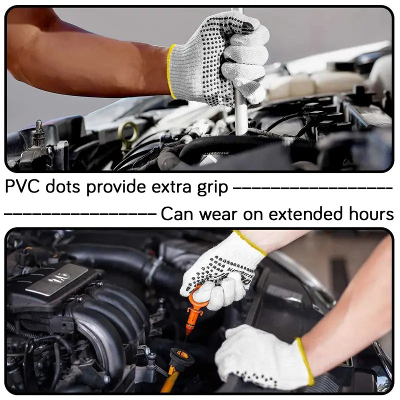 [12 Pairs] Black White Work Gloves - Dotted Safety Working Gloves. Firm Grip. Slip Resistant. Heavy Duty Cotton Knit for Men Women. Utility. Construction. Gardening. Fishing. Winter Indoor Outdoor Use