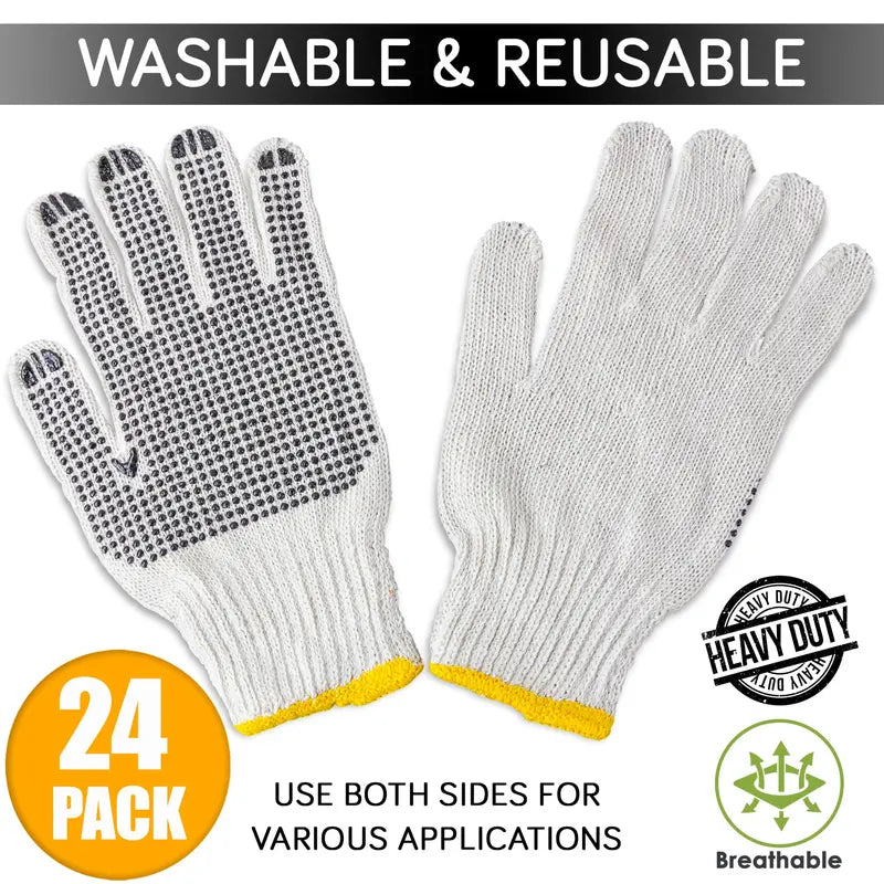 [12 Pairs] Black White Work Gloves - Dotted Safety Working Gloves. Firm Grip. Slip Resistant. Heavy Duty Cotton Knit for Men Women. Utility. Construction. Gardening. Fishing. Winter Indoor Outdoor Use