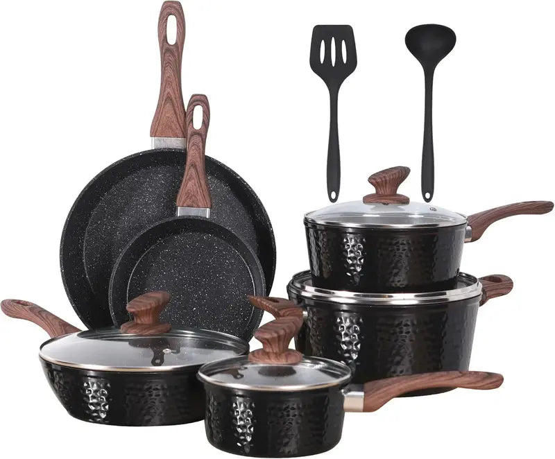 12-Piece Granite Nonstick Cookware Set ¨C Induction-Compatible Black Pots and Pans Bundle Including Fry Pans. Saucepans. and Stockpot