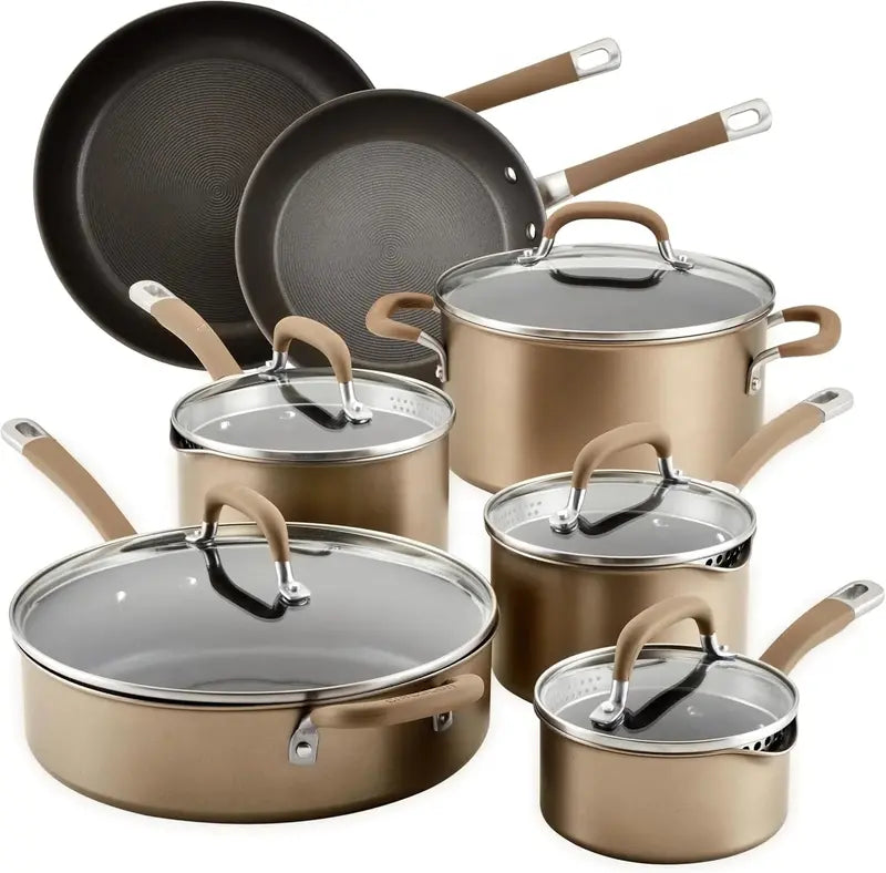 12-Piece Hard-Anodized Nonstick Cookware Set ¨C Induction-Compatible Bronze Pots and Pans for Professional-Grade Cooking