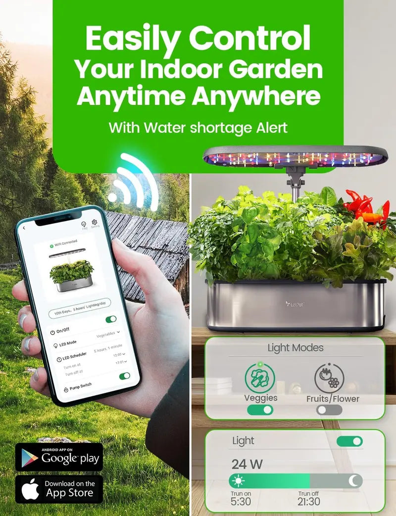12-Plant Smart Hydroponic Indoor Garden: App-Controlled Growing System with Full-Spectrum Lighting