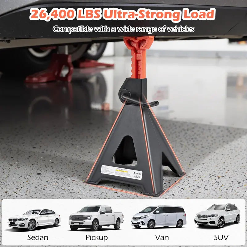 12-Ton (26.400 LB) Adjustable Jack Stands with 19-Inch to 29.5-Inch Lifting Range