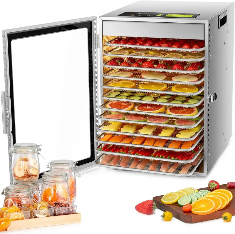 12-Tray Stainless Steel Food Dehydrator ¨C Dual-Fan 360¡ã Airflow. 24-Hour Timer. 30¡ãC¨C90¡ãC Range & Overheat Protection (800W)