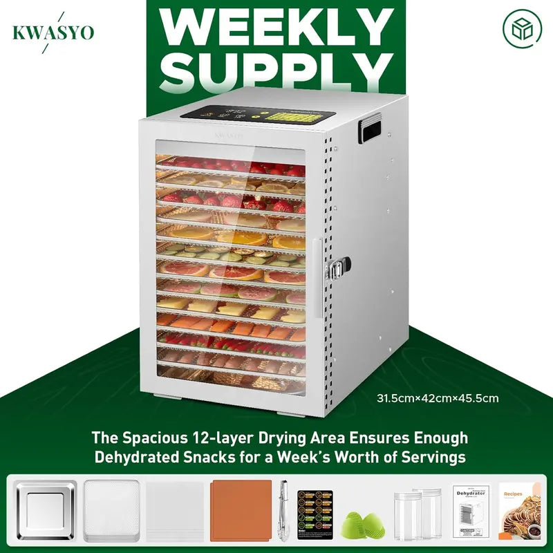 12-Tray Stainless Steel Food Dehydrator ¨C Dual-Fan 360¡ã Airflow. 24-Hour Timer. 30¡ãC¨C90¡ãC Range & Overheat Protection (800W)