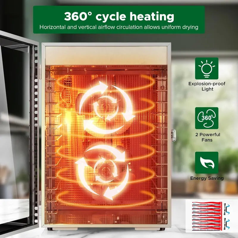 12-Tray Stainless Steel Food Dehydrator ¨C Dual-Fan 360¡ã Airflow. 24-Hour Timer. 30¡ãC¨C90¡ãC Range & Overheat Protection (800W)
